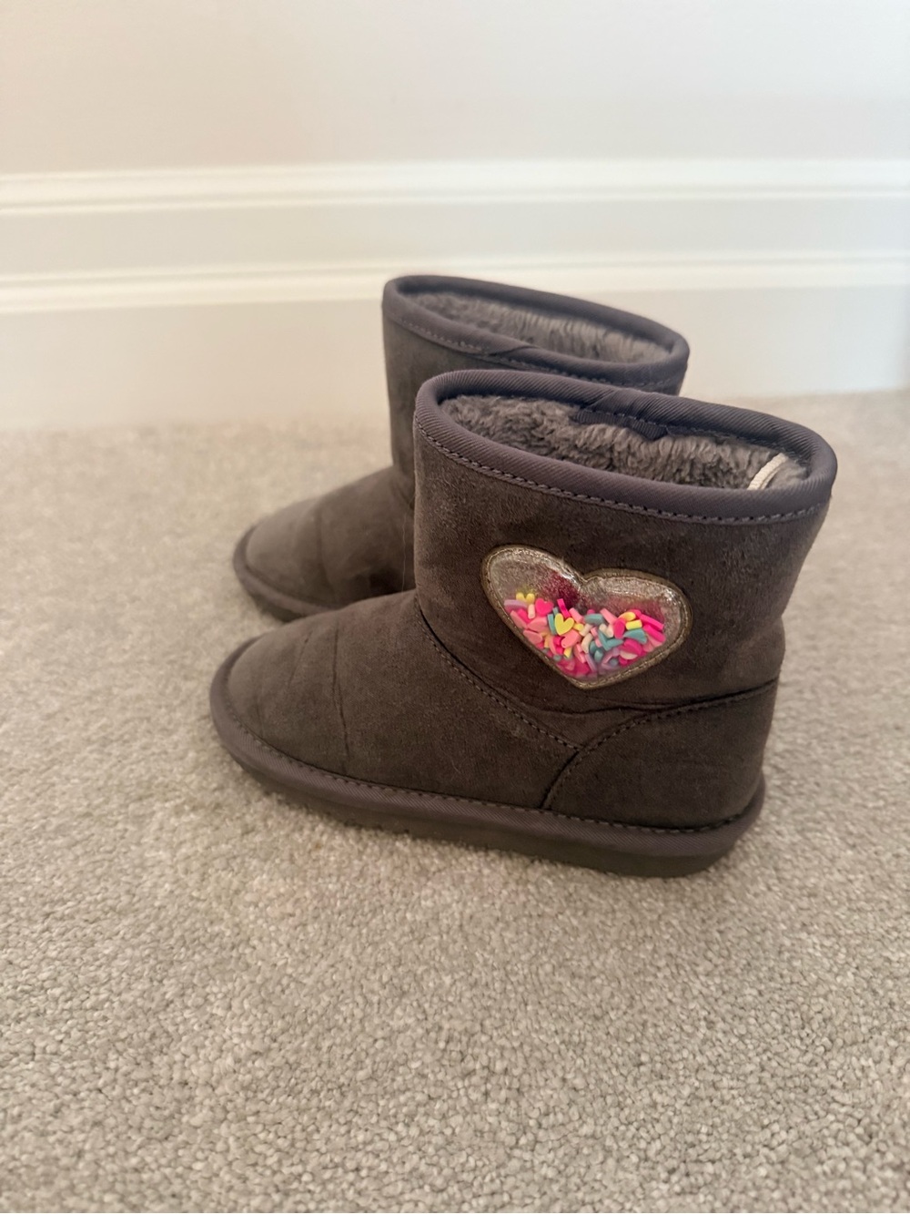 Children’s place kids grey Faux-Suede Winter Boots with Heart Accent